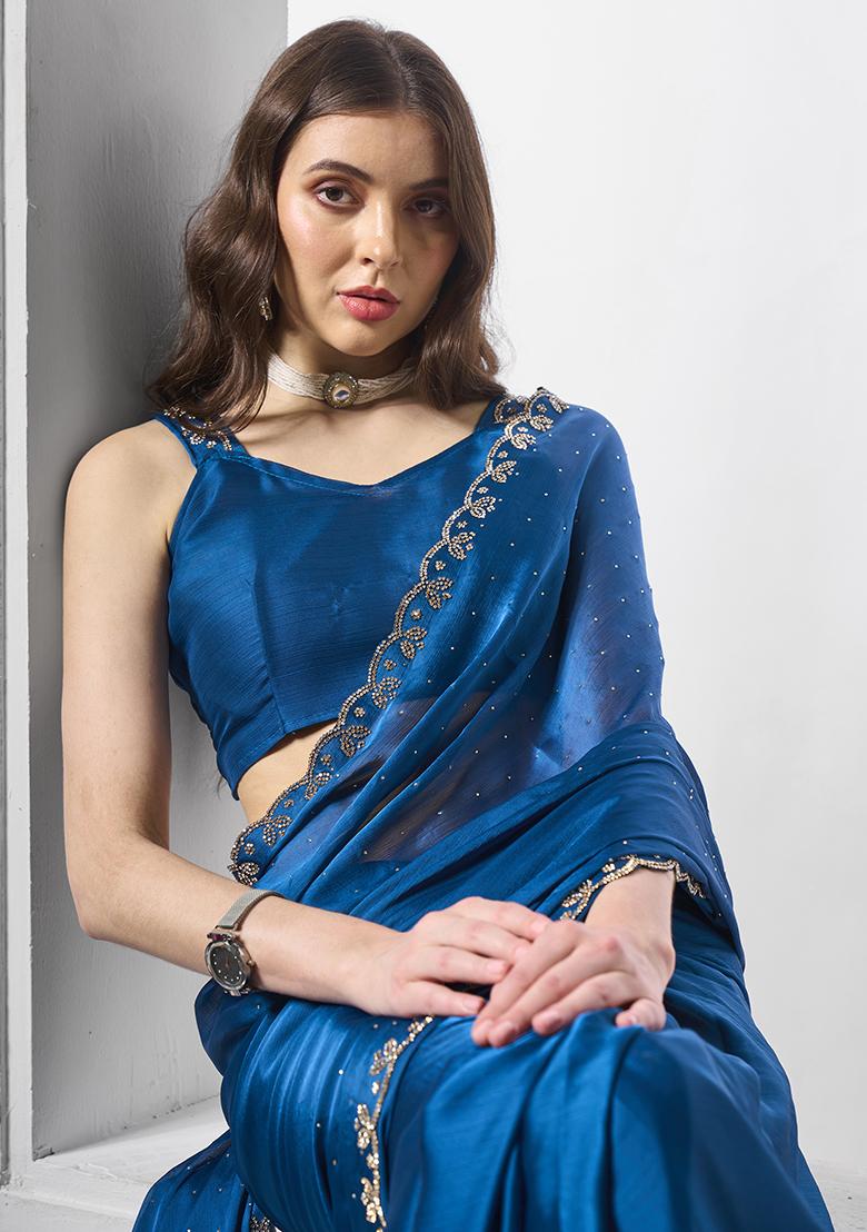 Teal Blue Embellished Satin Saree Set