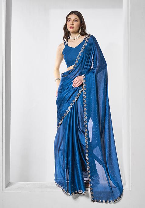 Teal Blue Embellished Satin Saree Set