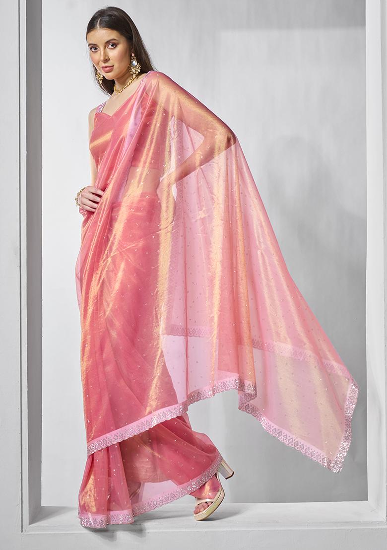 Peach Embellished Organza Saree Set - Indya