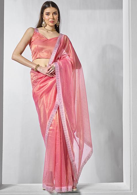 Peach Embellished Organza Saree Set