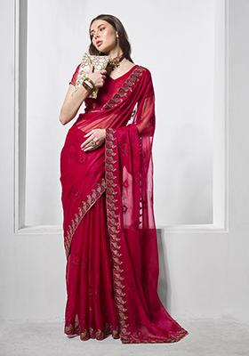 Red Embroidered Pure Chiffon Saree Set