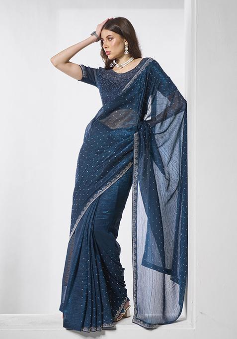 Teal Blue Embellished Satin Saree Set