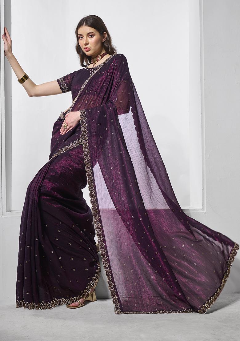 Burgundy Embellished Organza Saree Set