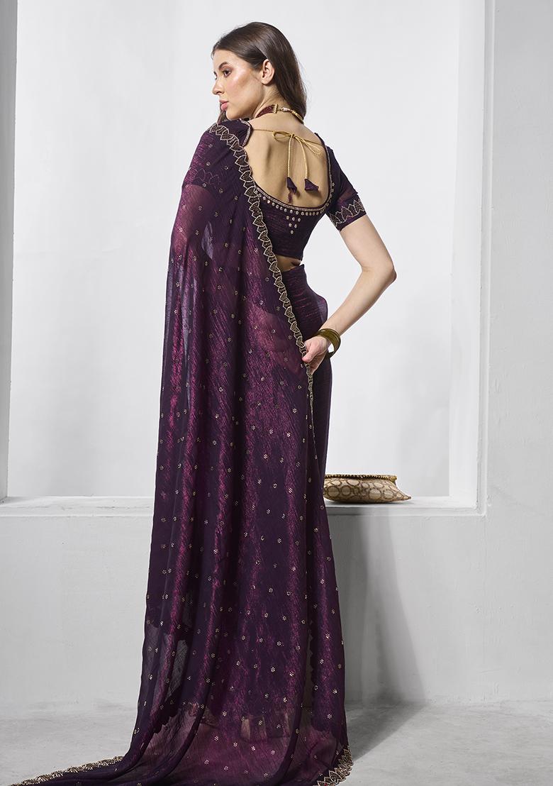 Burgundy Embellished Organza Saree Set