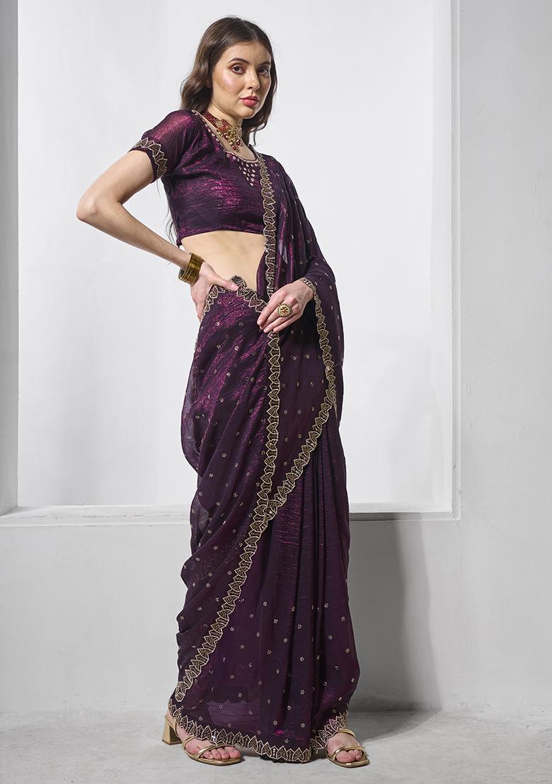 Burgundy Embellished Organza Saree Set - Indya