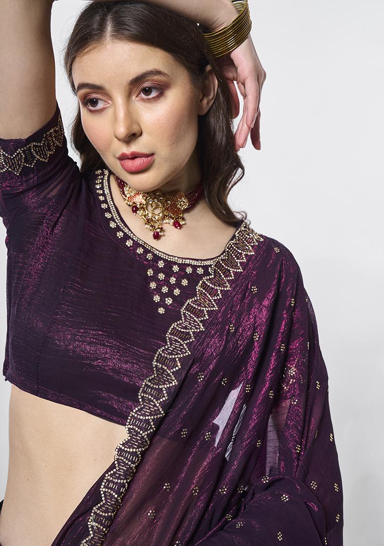 Burgundy Embellished Organza Saree Set