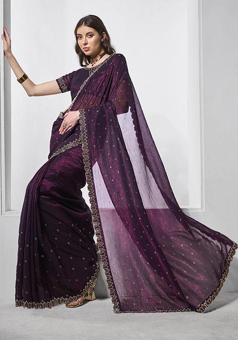 Burgundy Embellished Organza Saree Set