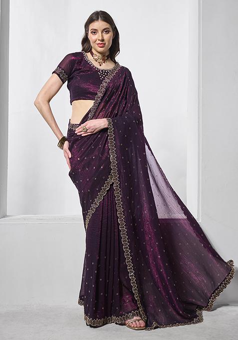 Burgundy Embellished Organza Saree Set