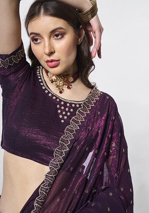 Burgundy Embellished Organza Saree Set