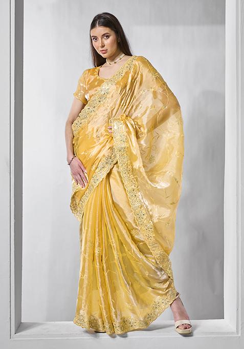 Yellow Embroidered Organza Saree Set