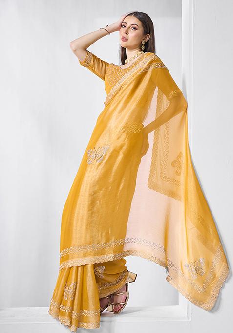 Yellow Embellished Organza Saree Set