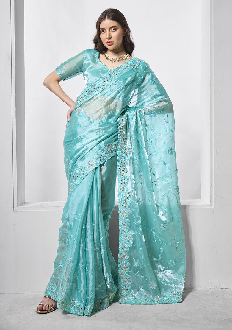 Blue Embroidered Organza Saree Set - Indya