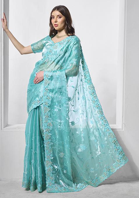 Blue Embroidered Organza Saree Set