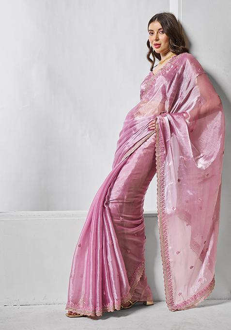 Pink Embroidered Organza Saree Set