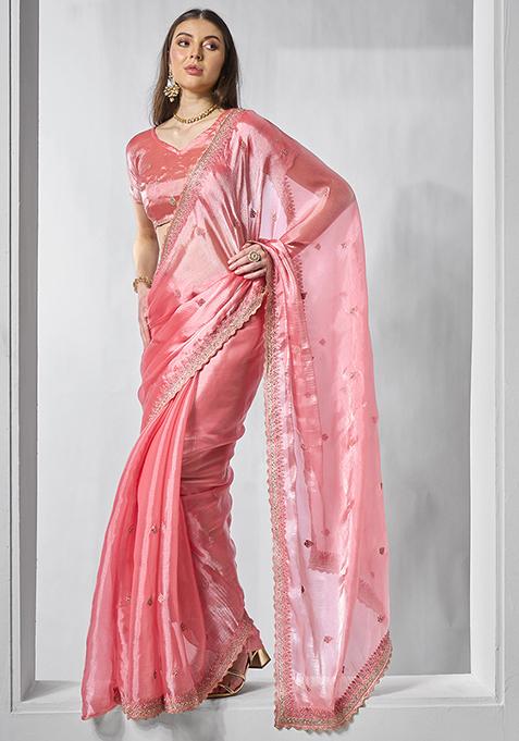 Peach Embroidered Organza Saree Set