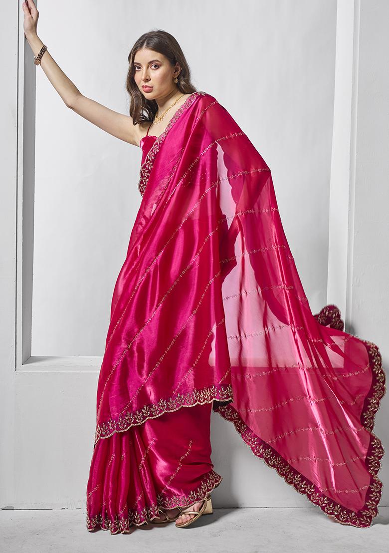 Rani Pink Embellished Organza Saree Set