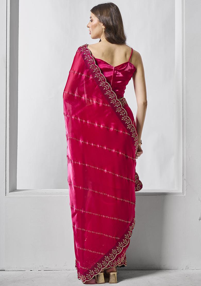 Rani Pink Embellished Organza Saree Set