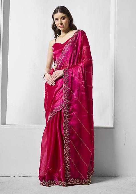 Rani Pink Embellished Organza Saree Set