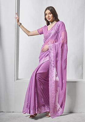 Lavender Embroidered Pure Chiffon Saree Set