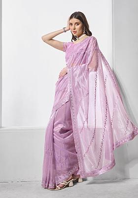 Lavender Embroidered Organza Saree Set