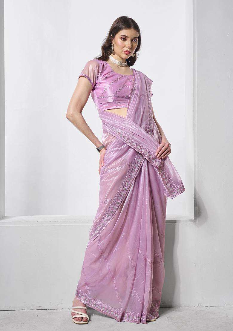 Lavender Embroidered Organza Saree Set - Indya