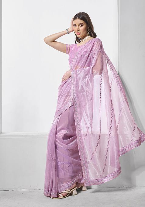 Lavender Embroidered Organza Saree Set