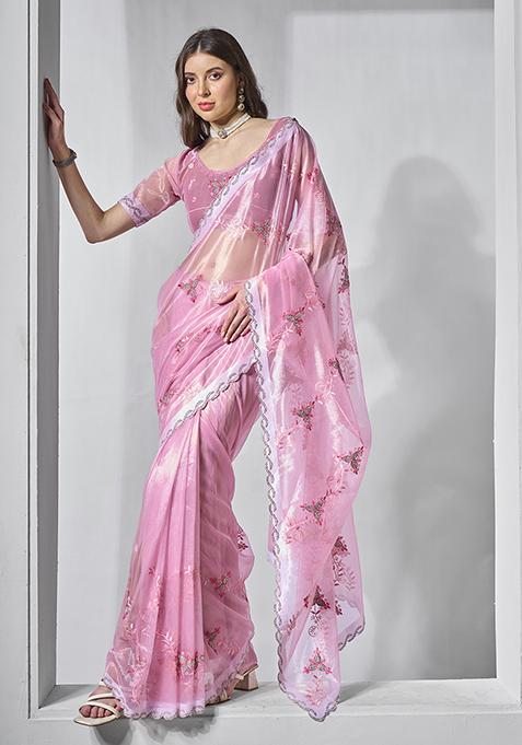 Pink Embroidered Organza Saree Set