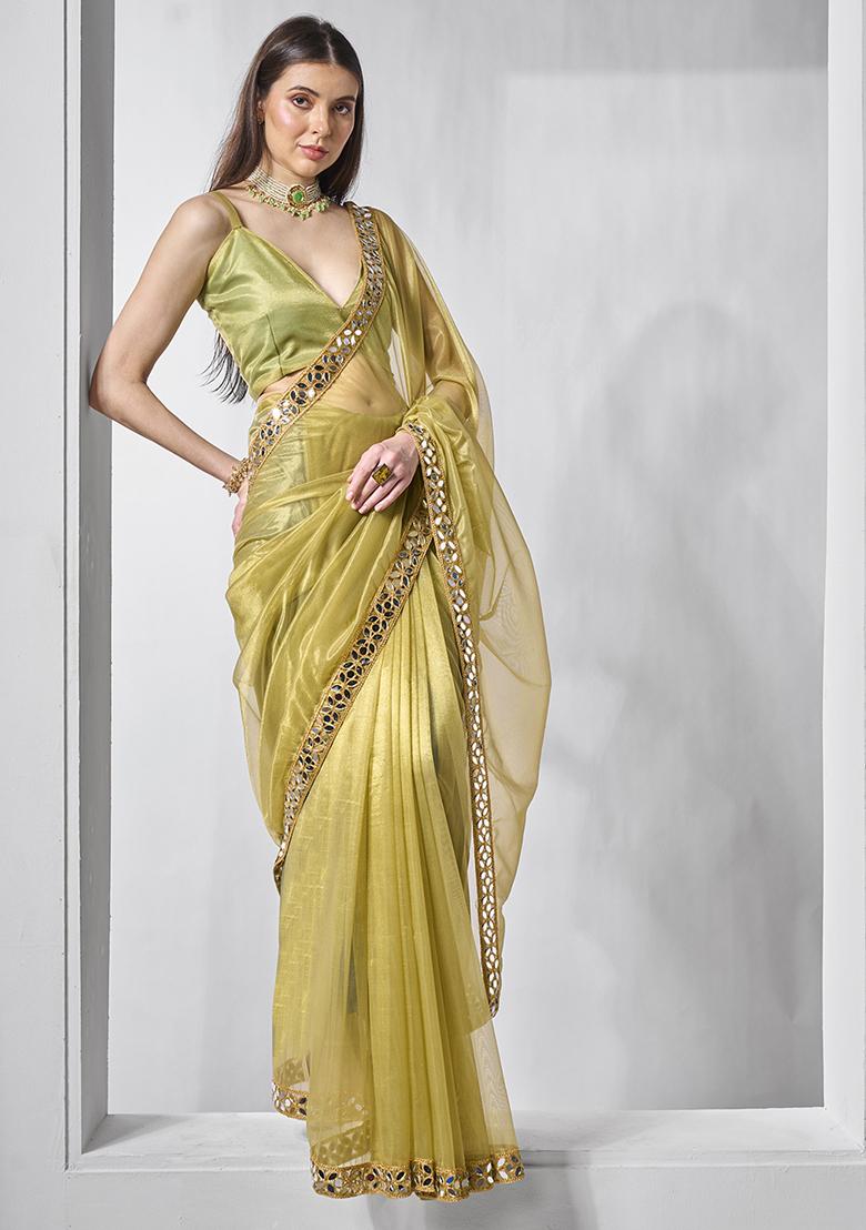 Metallic Lime Embellished Organza Saree Set - Indya