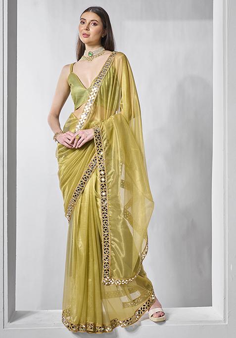 Metallic Lime Embellished Organza Saree Set