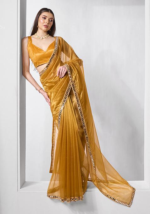 Metallic Gold Embellished Organza Saree Set