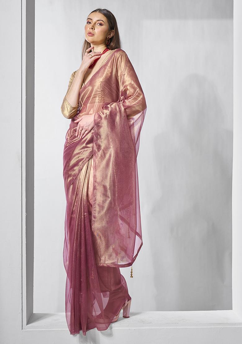Metallic Pink Solid Tissue Saree Set - Indya