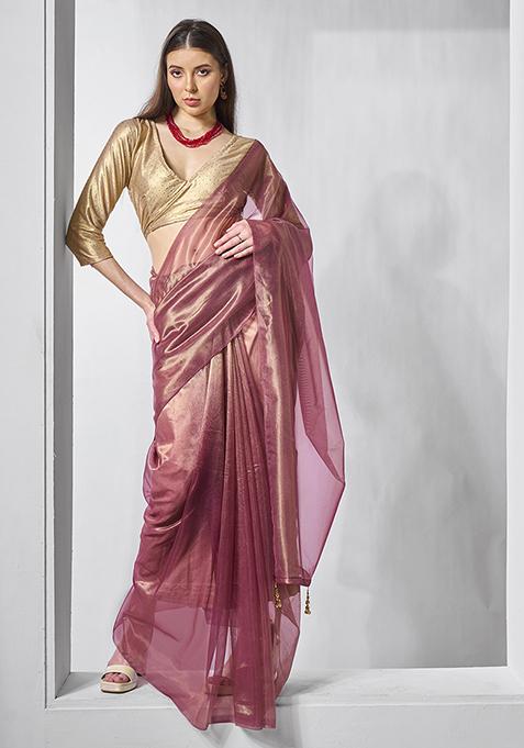 Metallic Pink Solid Tissue Saree Set