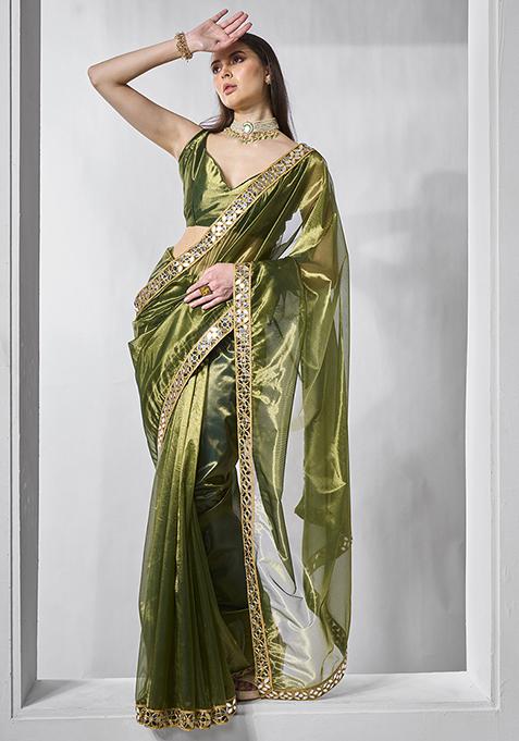 Metallic Green Embellished Organza Saree Set