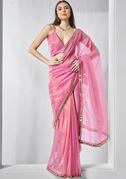 Metallic Pink Embellished Organza Saree Set