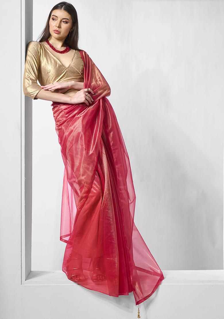 Metallic Red Solid Organza Saree Set - Indya