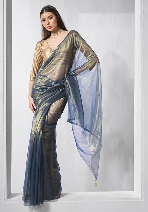 Teal Blue Solid Organza Saree Set