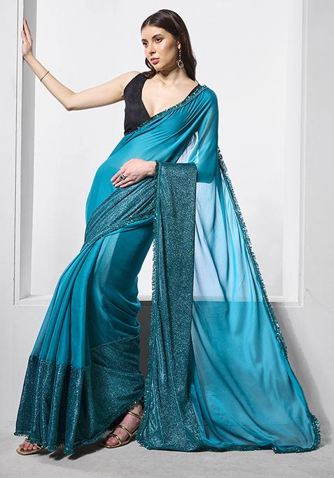 Teal Blue Shimmer Satin And Lycra Saree Set