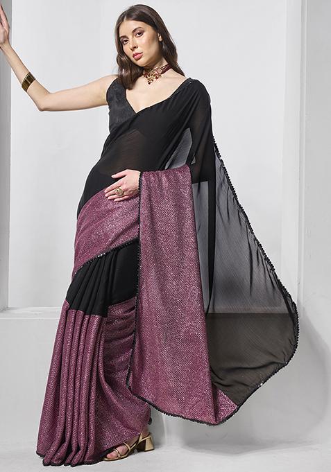 Black And Pink Shimmer Satin And Lycra Saree Set