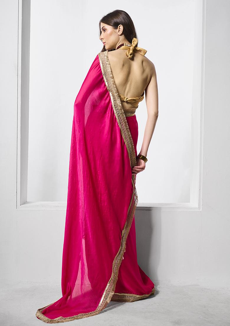 Rani Pink Embellished Satin Saree Set