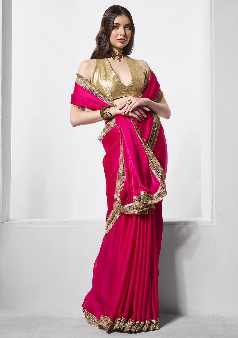 Rani Pink Embellished Satin Saree Set