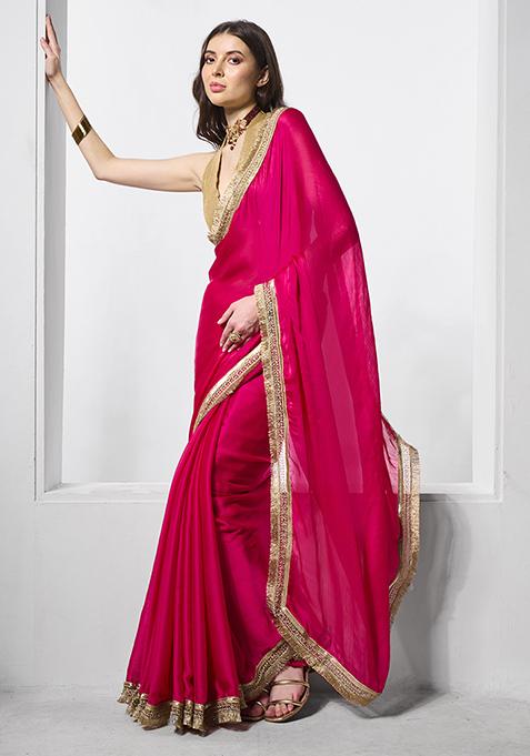 Rani Pink Embellished Satin Saree Set