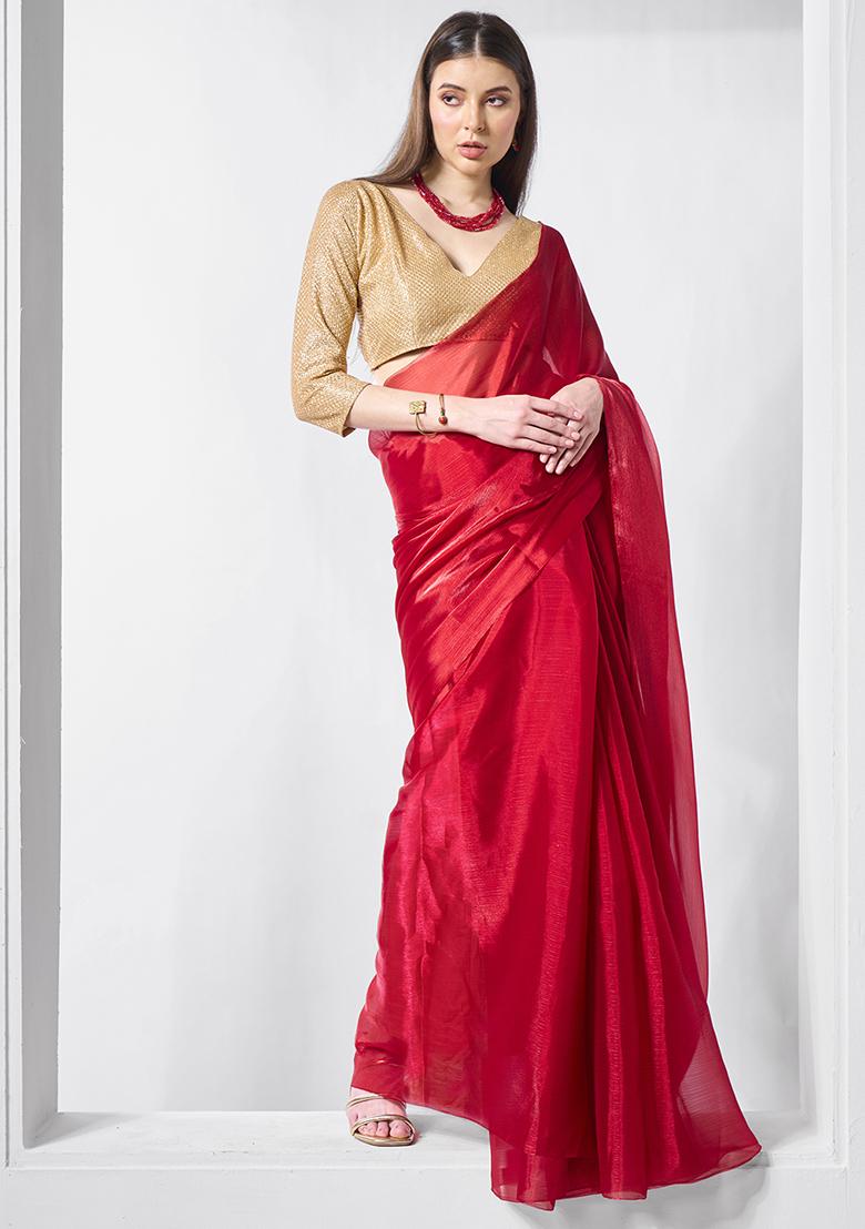 Red Embellished Organza Saree Set