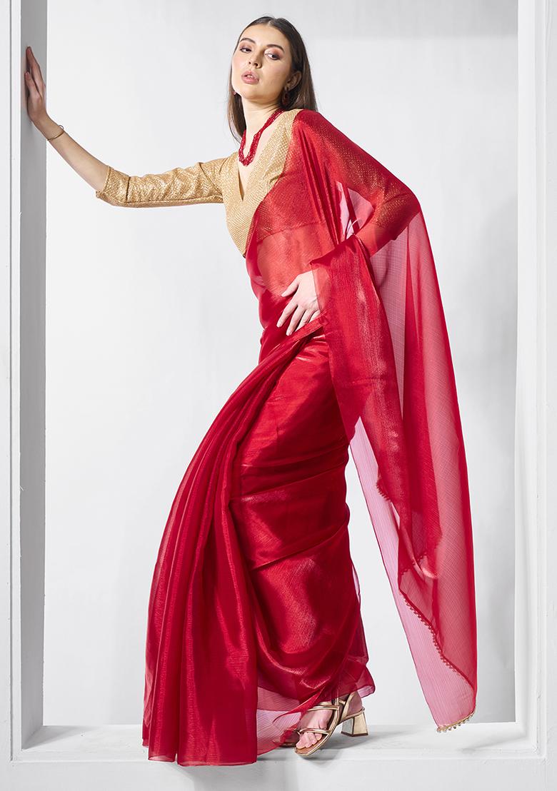 Red Embellished Organza Saree Set
