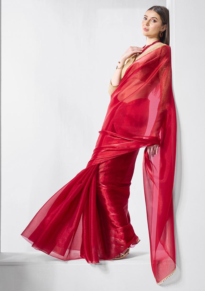 Red Embellished Organza Saree Set