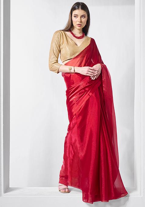 Red Embellished Organza Saree Set