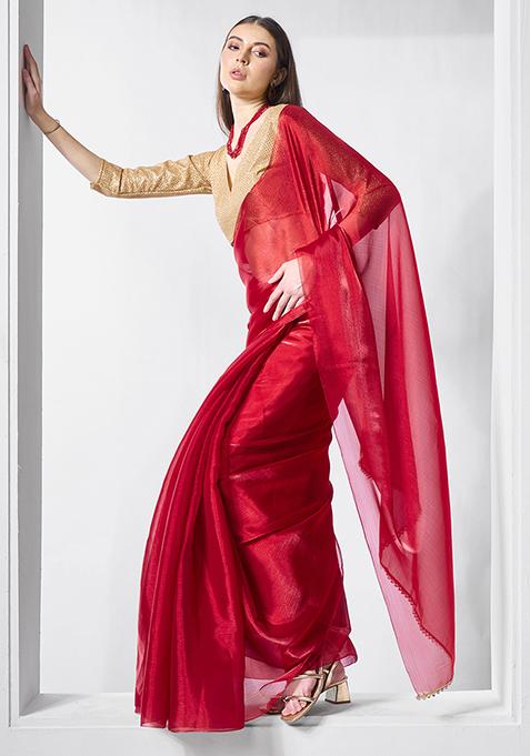 Red Embellished Organza Saree Set