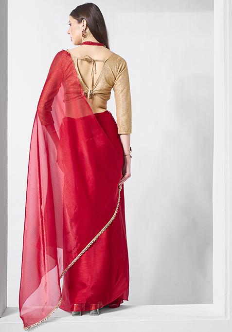 Red Embellished Organza Saree Set