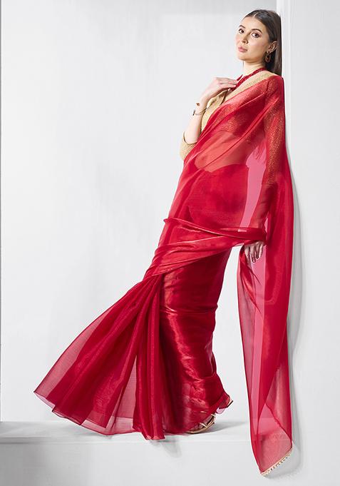 Red Embellished Organza Saree Set