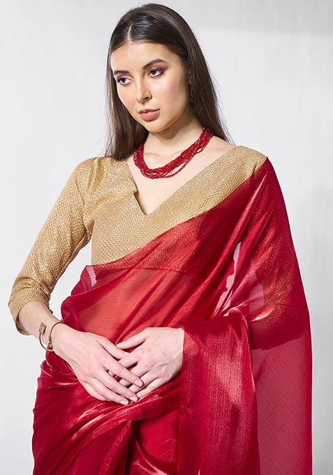 Red Embellished Organza Saree Set