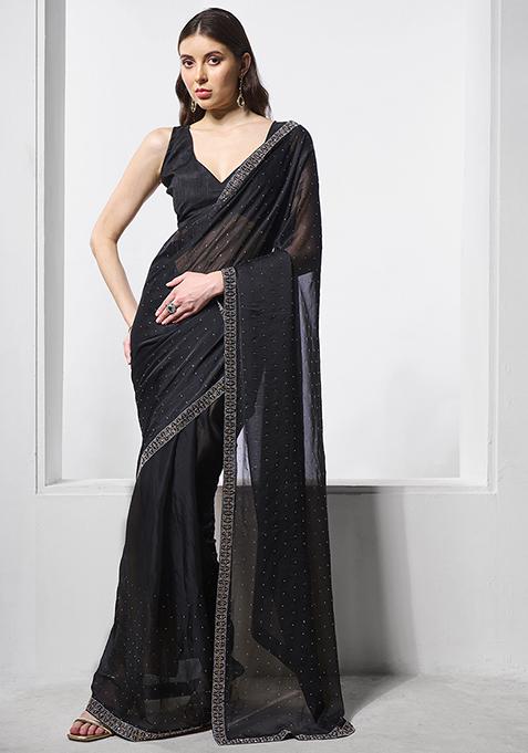 Black Embellished Satin Saree Set